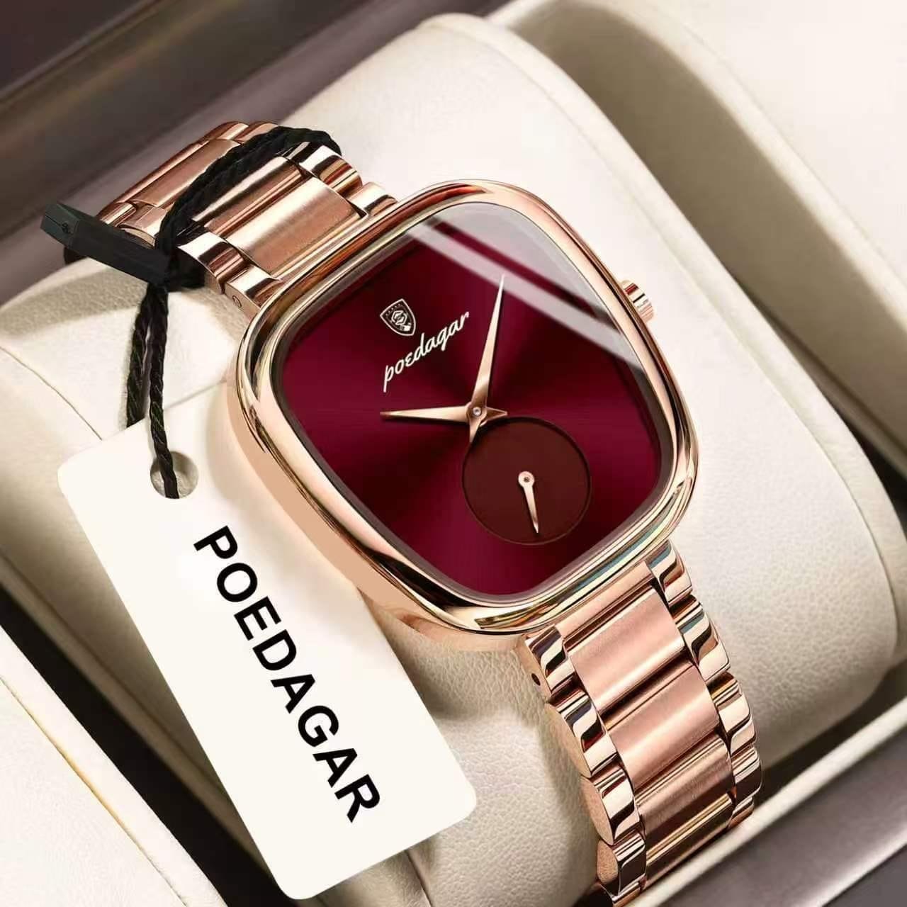 POEDAGAR LADIES LUXURY WATCH — ROSE GOLD & BURGUNDY EDITION